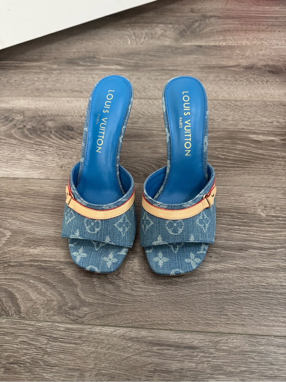 Louis Vuitton Blue Denim Monogram Slide Mules with Tan Trim